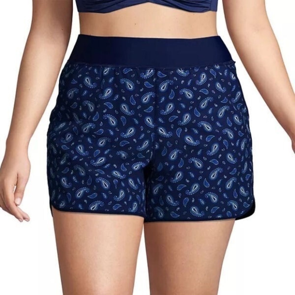 Lands End Quick Dry Thigh Minimizer Swim Board Shorts Size 10 Navy Paisley Beach